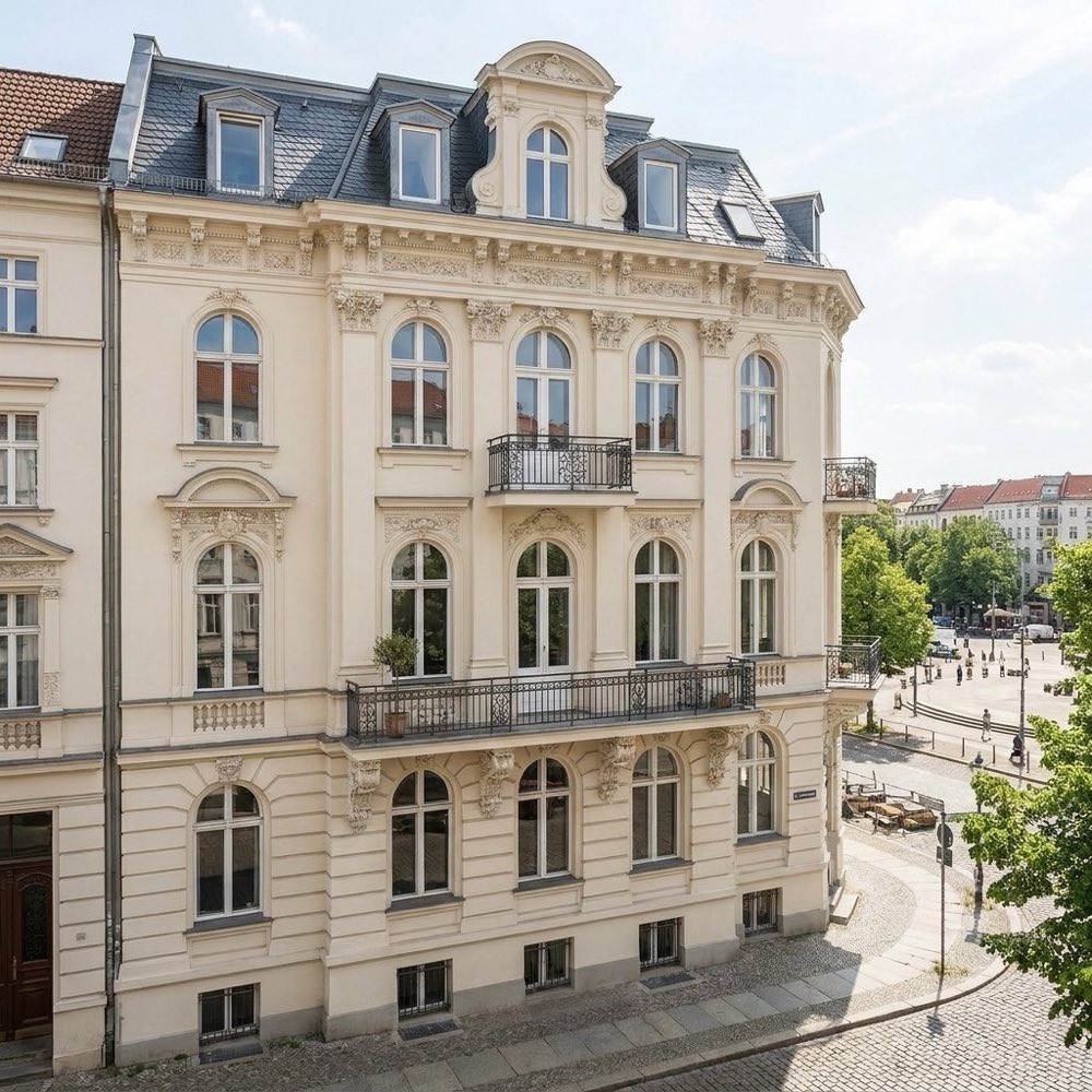 Stuckfassade einer Beletage-Wohnung am Platz in Berlin