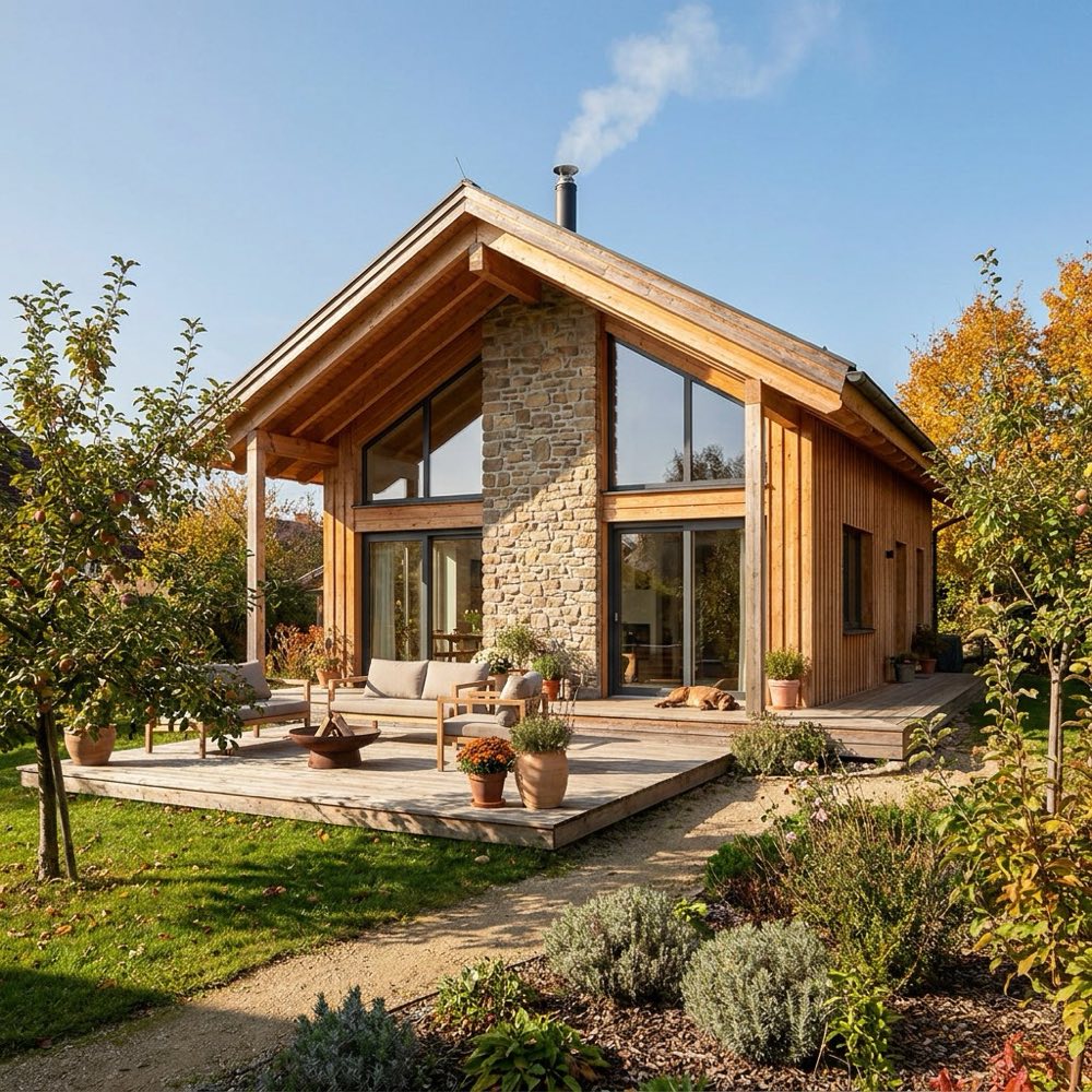 Modernes Holz-Stein-Landhaus mit Obstgarten bei Starnberg